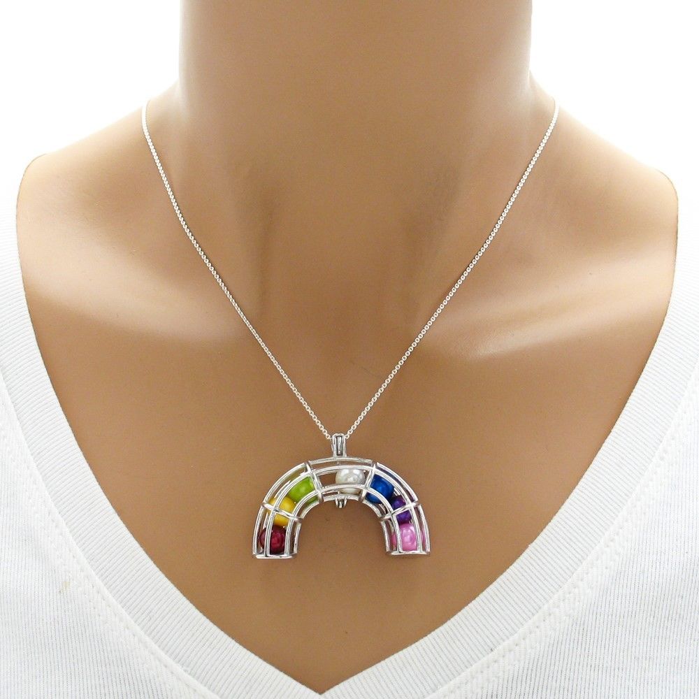 Charming 925 Sterling Silver Rainbow Pearl Cage Pendant for 7-8