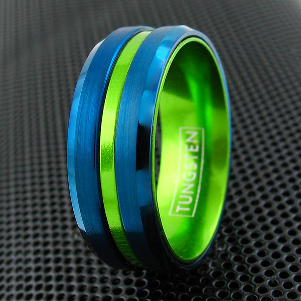 Blue tungsten ring | Anodized Aluminum Lime green stripe & inner band | Wholesale tungsten rings - wedding bands | Grill photo
