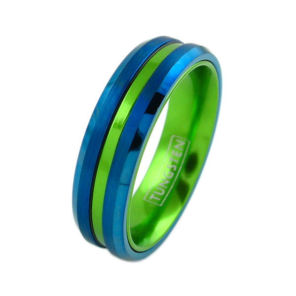 Blue tungsten ring | Anodized Aluminum Lime green stripe & inner band | Wholesale tungsten rings - wedding bands | 6mm Diagonal photo