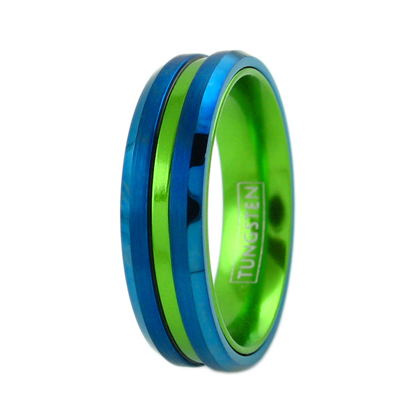 6mm Blue tungsten ring | Anodized Aluminum Lime green stripe & inner band | Wholesale tungsten rings - wedding bands | Diagonal photo