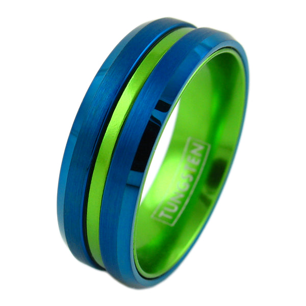 Blue tungsten ring | Anodized Aluminum Lime green stripe & inner band | Wholesale tungsten rings - wedding bands | Diagonal photo