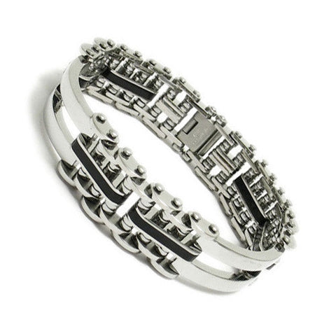 Bicycle chain style link bracelet with black rubber inserts | Wholesale 316L Stainless Steel Jewelry