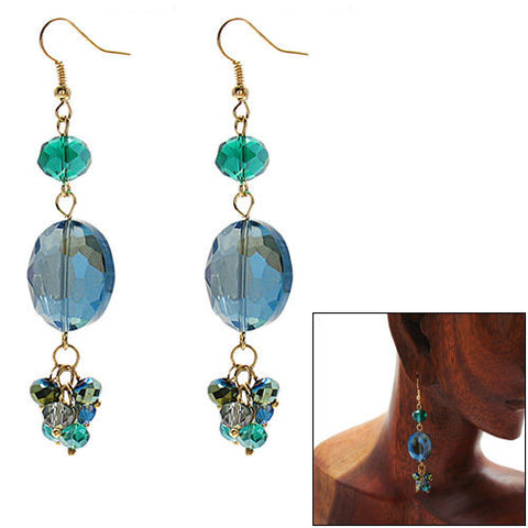Blue oval crystal with blue and green accents on long hook earrings | Wholesale Fashion Jewelry | Combo photo