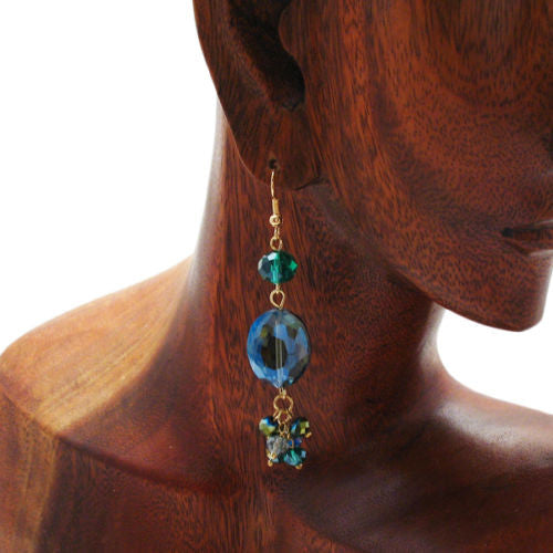 Blue oval crystal with blue and green accents on long hook earrings | Wholesale Fashion Jewelry | Mannequin photo
