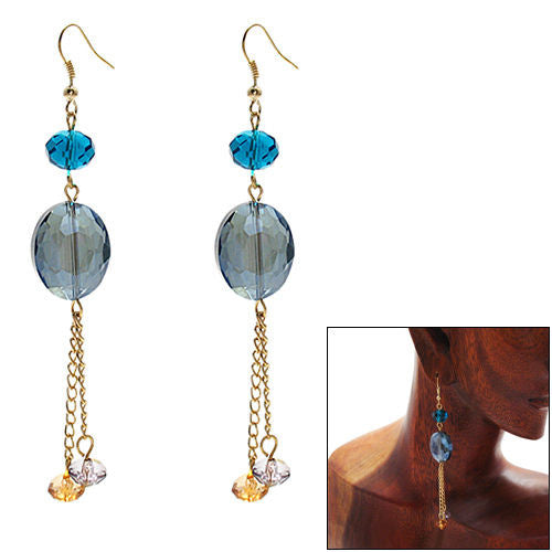 Big Bright Blue Oval Crystal with Orange and Clear Accents on Long Dangling Hook Earrings