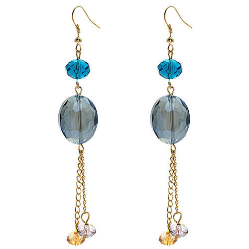 Blue oval crystal with orange & clear accents on long hook earrings | Wholesale Fashion Jewelry | Item photo