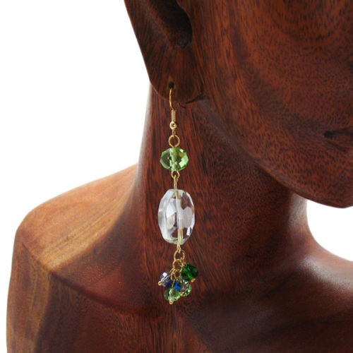 Clear oval crystal with multiple green accents on long hook earrings | Wholesale Fashion Jewelry | Alternate photo