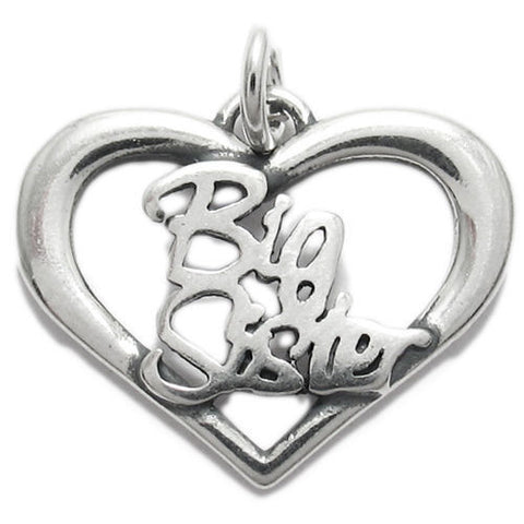Delicate "Big Sister" Calligraphy Heart Charm. Wholesale Sterling Silver Charms - Jewelry. Main.