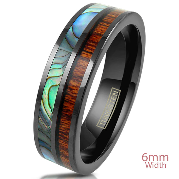 6mm Black flat tungsten ring | Koa wood & abalone inlays | Wholesale tungsten rings - wedding bands | White photo