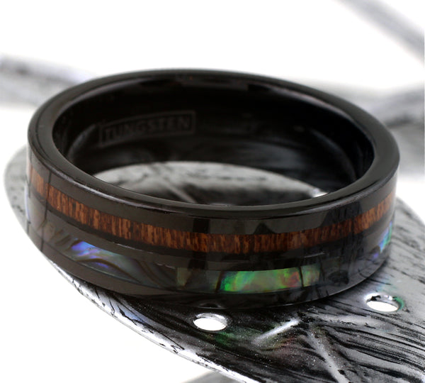 6mm Black flat tungsten ring | Koa wood & abalone inlays | Wholesale tungsten rings - wedding bands | Leaf photo