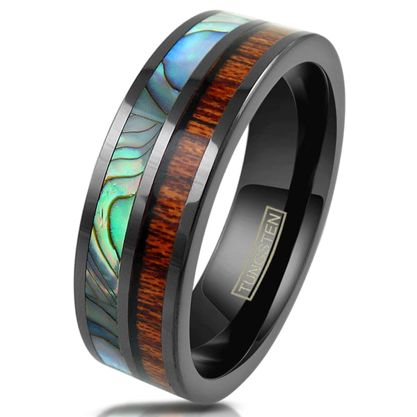 8mm Black flat tungsten ring | Koa wood & abalone inlays | Wholesale tungsten rings - wedding bands | White photo