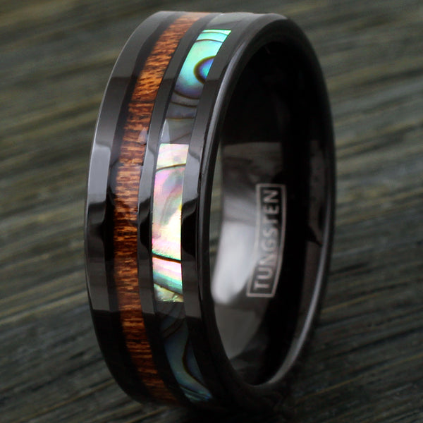 8mm Black flat tungsten ring | Koa wood & abalone inlays | Wholesale tungsten rings - wedding bands | Wood photo