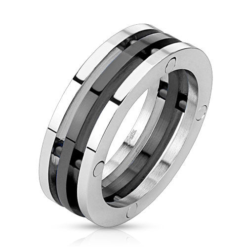 Deep black and natural polished stainless steel triple band ring | Wholesale 316L stainless steel rings - Jewelry