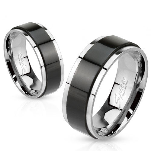 Mirror polished stainless steel ring with black spinning center | Wholesale 316L stainless steel rings - Jewelry