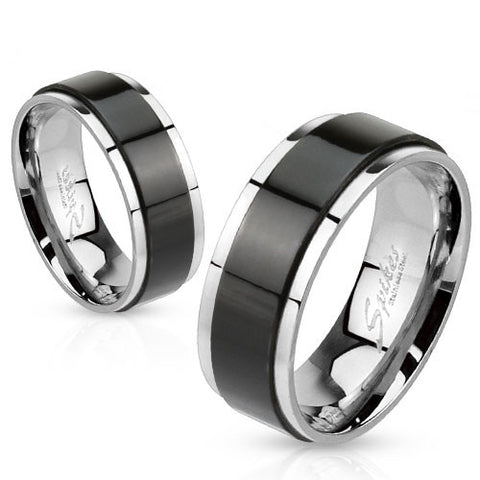 Mirror polished stainless steel ring with black spinning center | Wholesale 316L stainless steel rings - Jewelry