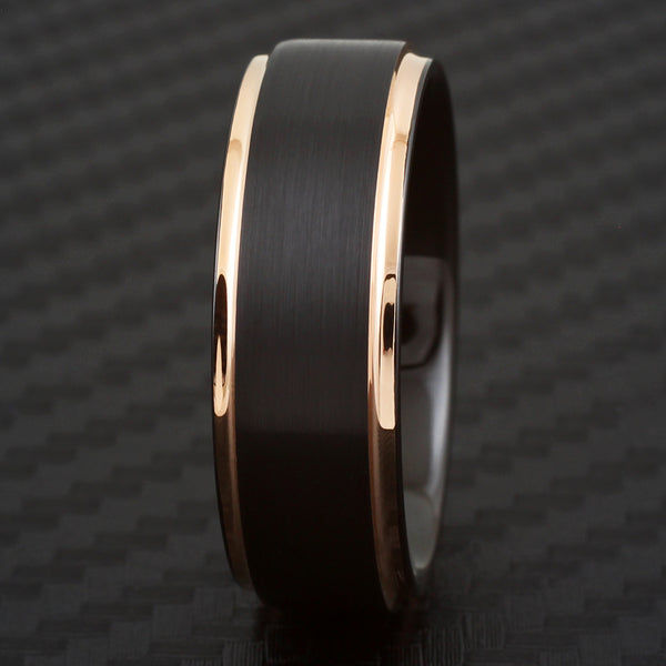 Black tungsten carbide ring w/ rose gold stepped edges | Wholesale tungsten rings - Wedding rings | Black photo 1