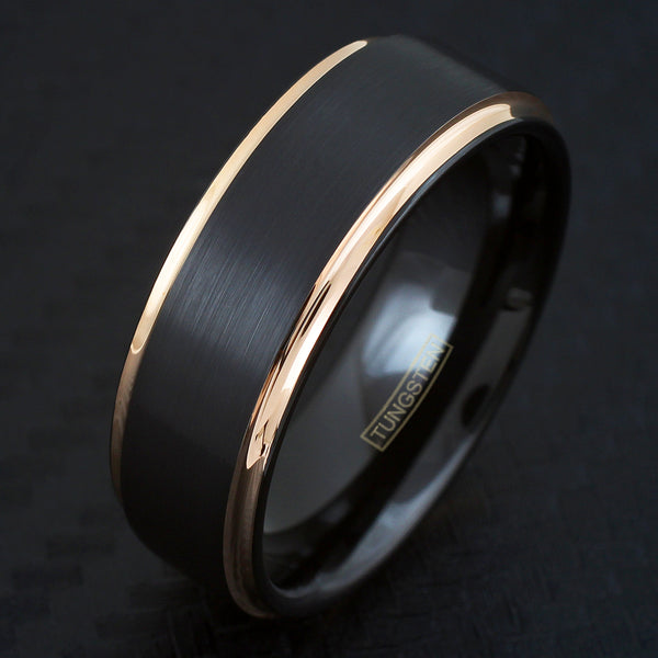 Black tungsten carbide ring w/ rose gold stepped edges | Wholesale tungsten rings - Wedding rings | Black photo 2