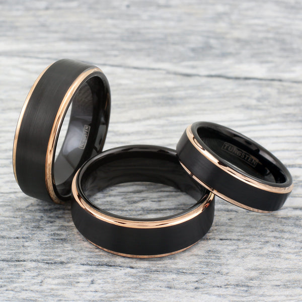 Black tungsten carbide ring w/ rose gold stepped edges | Wholesale tungsten rings - Wedding rings | Group photo
