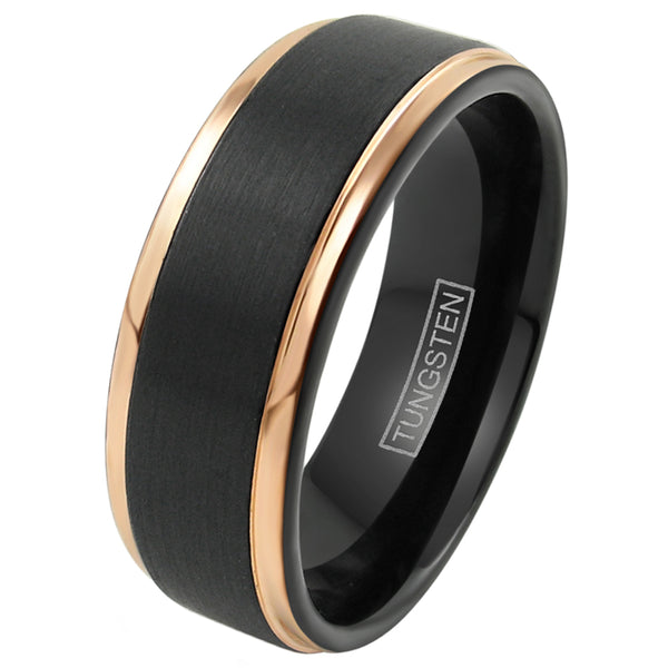 Black tungsten carbide ring w/ rose gold stepped edges | Wholesale tungsten rings - Wedding rings | White photo