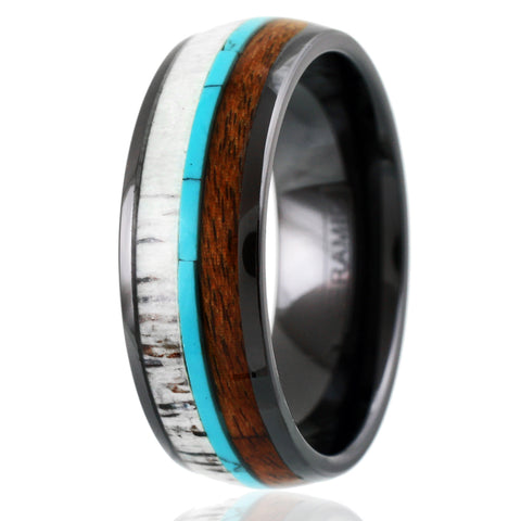Black ceramic dome ring w/ deer antler, turquoise, & Koa wood inlays | Wholesale ceramic rings - wedding rings | Upright photo