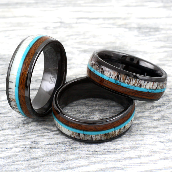 Black ceramic dome ring w/ deer antler, turquoise, & Koa wood inlays | Wholesale ceramic rings - wedding rings | Group photo