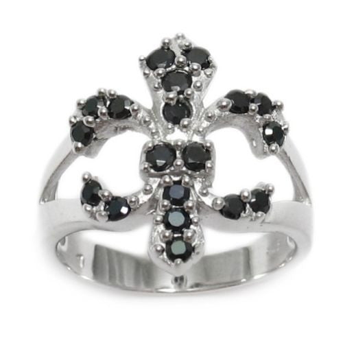 Modern chic Fleur-de-Lis ring with black CZs | Wholesale sterling silver rings - Jewelry | Main photo