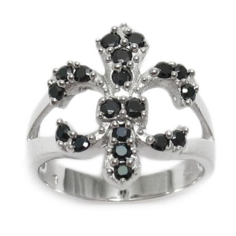 Modern chic Fleur-de-Lis ring with black CZs | Wholesale sterling silver rings - Jewelry | Main photo