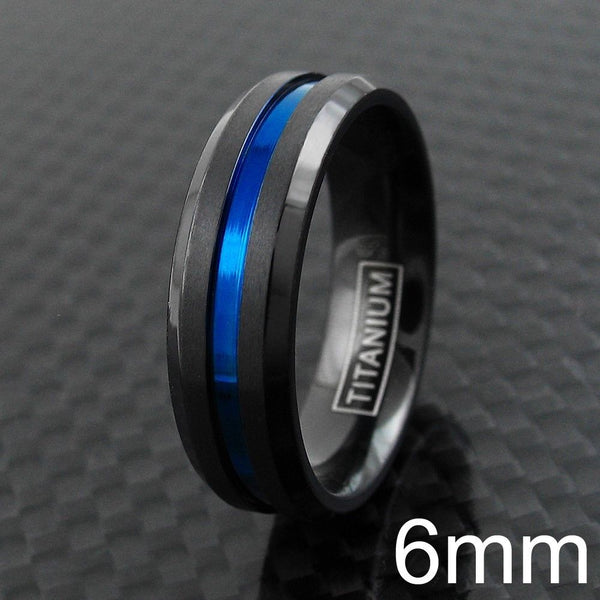 Awesome 6/8mm Black Beveled Edge Titanium Wedding Band Recessed Thin Blue Line Stripe. Sized for men and women.
