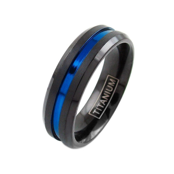 Awesome 6/8mm Black Beveled Edge Titanium Wedding Band Recessed Thin Blue Line Stripe. Sized for men and women.
