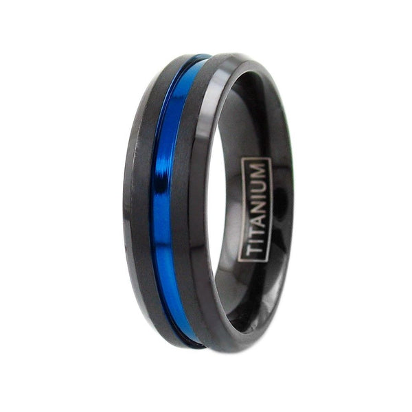Awesome 6/8mm Black Beveled Edge Titanium Wedding Band Recessed Thin Blue Line Stripe. Sized for men and women.