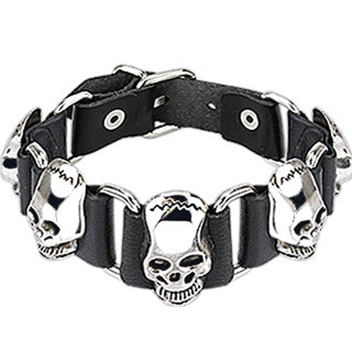 Black leather bracelet with steel Frankenstein skulls and adjustable buckle | Wholesale 316L Stainless Steel Jewelry