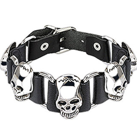 Black leather bracelet with steel Frankenstein skulls and adjustable buckle | Wholesale 316L Stainless Steel Jewelry