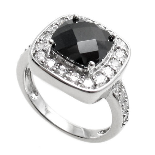 Square cut black obsidian colored CZ cocktail ring | Wholesale sterling silver rings - Jewelry | Main photo