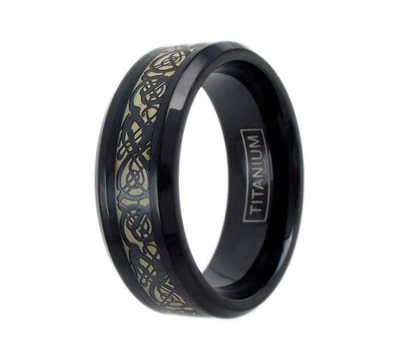 Black titanium ring with black celtic dragon and cappuccino colored inlay | Wholesale Jewelry | Upright Large photo