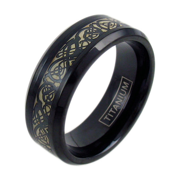 Black titanium ring with black celtic dragon and cappuccino colored inlay | Wholesale Jewelry | Main photo