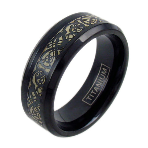 Black titanium ring with black celtic dragon and cappuccino colored inlay | Wholesale Jewelry | Main photo