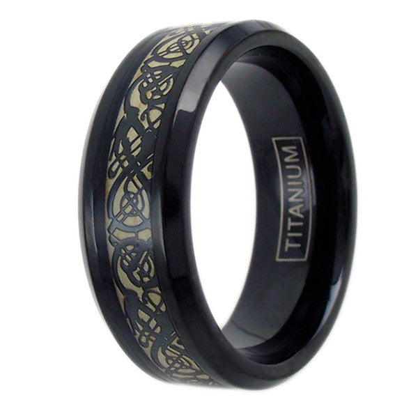 Black titanium ring with black celtic dragon and cappuccino colored inlay | Wholesale Jewelry | Upright photo