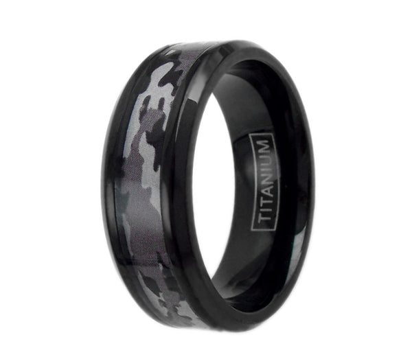Black titanium ring with chamfered edges and GRAY/PURPLE camo inlay | Wholesale Jewelry | Large photo