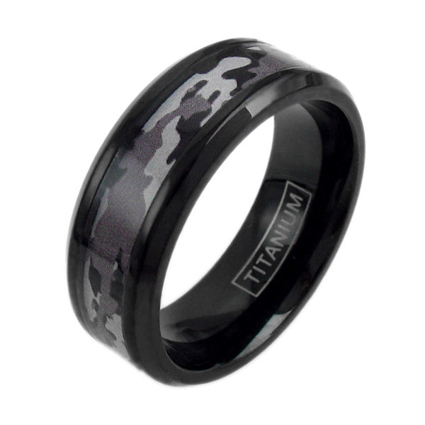 Black titanium ring with chamfered edges and GRAY/PURPLE camo inlay | Wholesale Jewelry | Main photo
