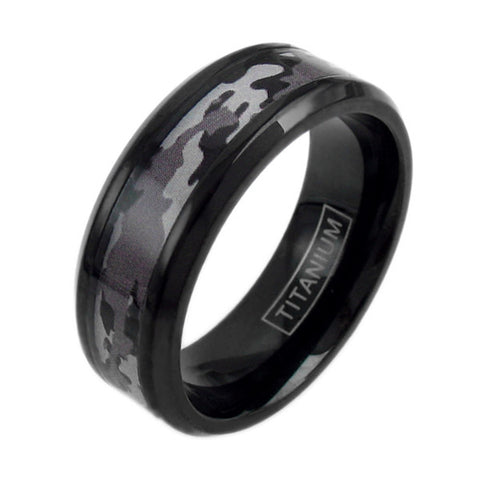 Black titanium ring with chamfered edges and GRAY/PURPLE camo inlay | Wholesale Jewelry | Main photo