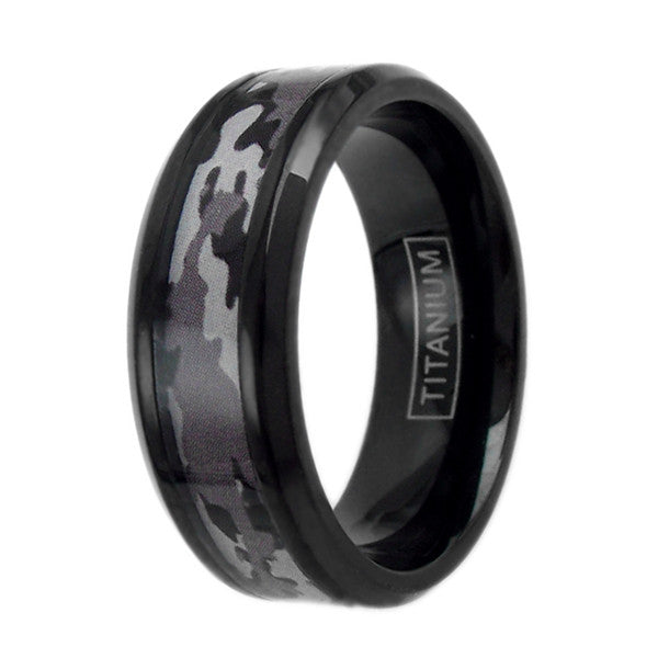 Black titanium ring with chamfered edges and GRAY/PURPLE camo inlay | Wholesale Jewelry | Upright  photo