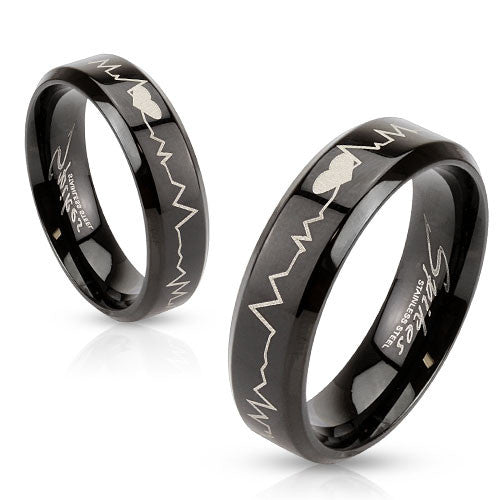 Beautiful black stainless steel ring with chamfered edges and laser etched heartbeat. Wholesale Jewelry