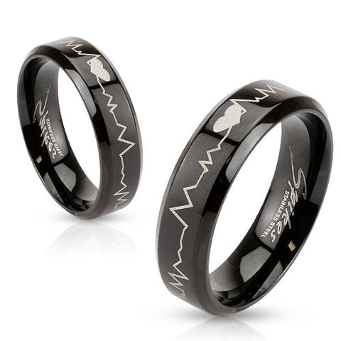 Beautiful black stainless steel ring with chamfered edges and laser etched heartbeat. Wholesale Jewelry