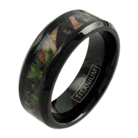 Black titanium ring with chamfered edges and RED/GREEN camo inlay | Wholesale Jewelry | Main photo