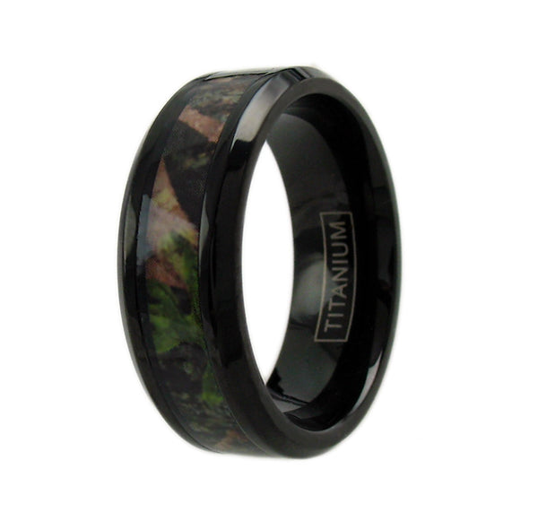 Black titanium ring with chamfered edges and RED/GREEN camo inlay | Wholesale Jewelry | Large photo