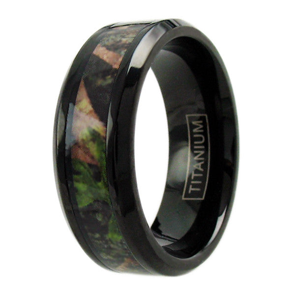 Black titanium ring with chamfered edges and RED/GREEN camo inlay | Wholesale Jewelry | Upright photo