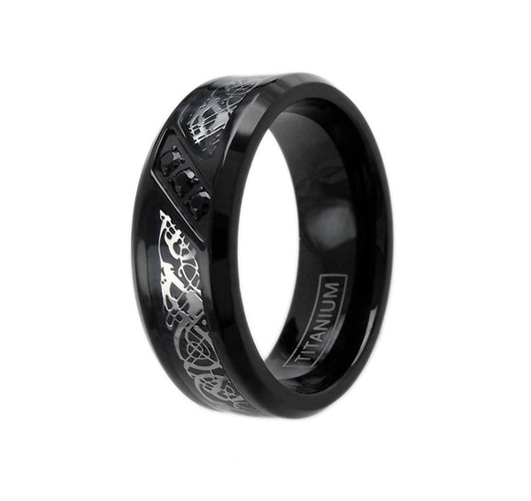 Black titanium ring with silver Celtic dragon and three CZ accents | Wholesale Jewelry | Alternate photo