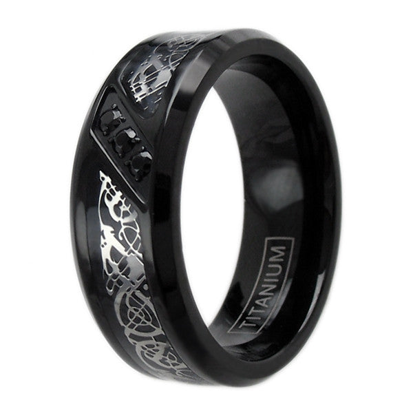 Black titanium ring with silver Celtic dragon and three CZ accents | Wholesale Jewelry | Upright photo