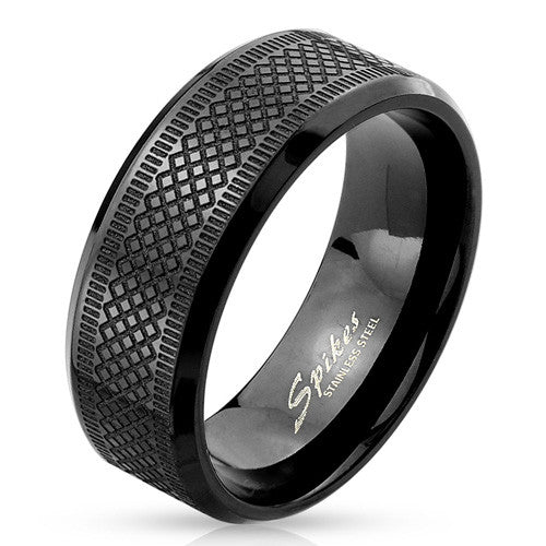 Black stainless steel ring with embossed crosshatch tired tread | Wholesale stainless steel rings - Jewelry | Small photo