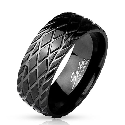 Black stainless steel ring with grooved tire tread diamond pattern | Wholesale 316L stainless steel rings - Jewelry
